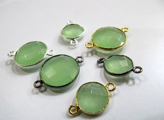 Green Chalcedony Briolette Faceted Round Coin Shape Double Loop Bezel Connector Jewelry making connector choose the size and Plating color