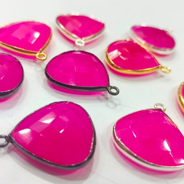 Natural Hot Pink Chalcedony  Heart Shape 20mm Briolette Single Loop Gemstone Bezel Connector Charms