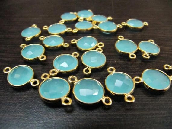 5 Pc Set-: Aqua Chalcedony Coin Shape Connectors Double Loop 10 mm to 11 mm, Briolette Bezel 24Kt Gold Plated  Wholesale Price