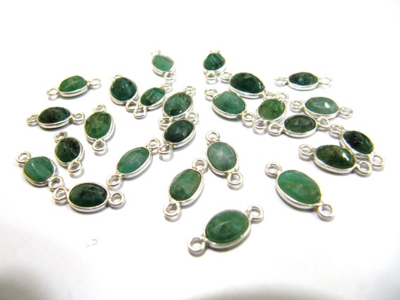 Natural Emerald 925 Sterling Silver Oval shape Briolette Bezel Connector 5to8mm Double Loop Sold Per Piece Choose The size