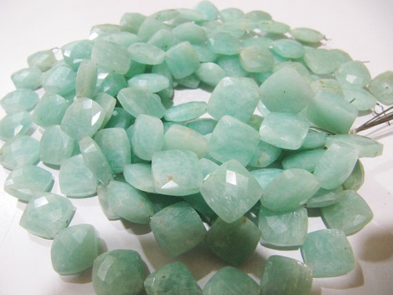 Natural Amazonite Cushion Shape 11-12mm Briolette Faceted Cut Green Color beads strand 8 inches Jewelry Making Brown Gemstone Beads