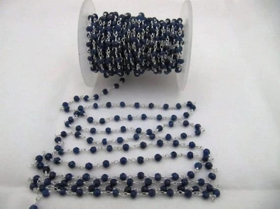 3- Feet Dyed Blue Sapphire  Rondelle Faceted Size 3-4mm Dyed Beaded Wire Wrapped Rosary Chain Wholesale Prices Jewelry Making Gemstone chain