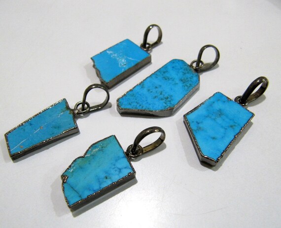 2 Pcs Set-Natural Turquoise Magnesite Slice Pendant Free Form Pendant Charm With Black Oxidized Electroplating around 1 inch long