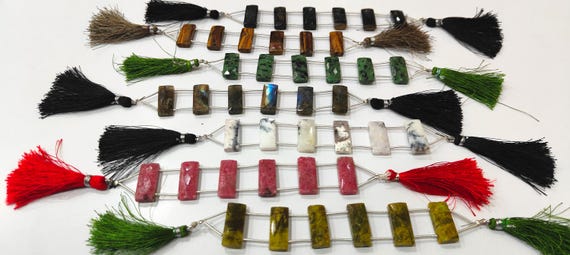 Natural  Gemstone Cushion Baguette Shape Briolette Faceted 10X22mm Double Drilled Beads Sold Per Strand of 6 Rectangle Beads CHOOSE STONE