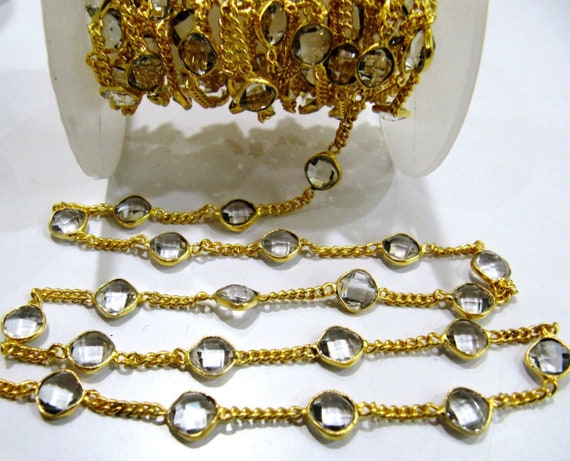 Natural Rock Crystal Quartz Cushion Shape 10mm Briolette Faceted Bezel Connector Chain Sold Per Foot High Quality Wholesale Prices