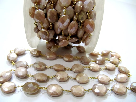 Natural Peach Moonstone Silverite AB Coated Oval Shape Faceted 8x11mm to 9x12mm Rosary Wire Wrapped Beaded Gold Plated chain