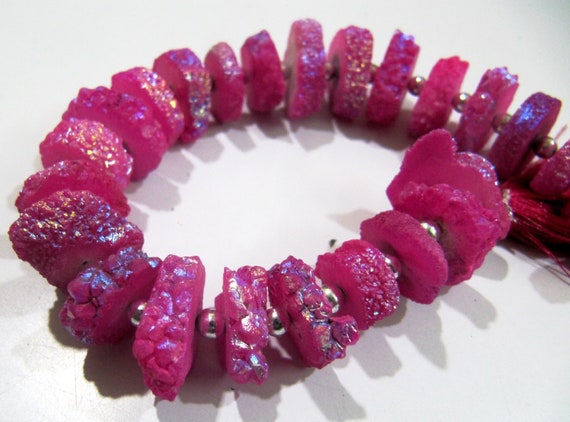 Ruby Color Solar Quartz Slice Disc Sparkling Beads 13-17mm Size Each Strand 8 inches long with approx. 25 to 30 Beads /Hot Pink Druzy Beads