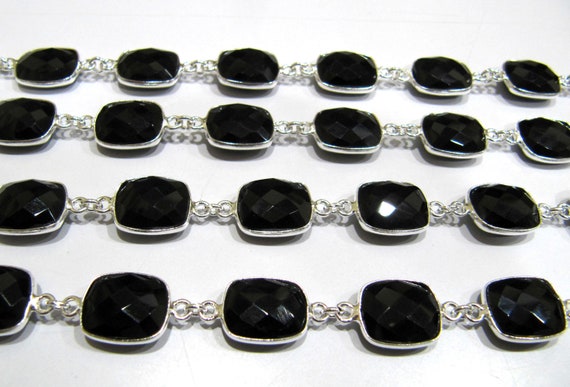 Natural Black Spinel Cushion Shape Size 11x13mm Briolette Faceted Rectangle Bezel Connector Chain Sold Per Foot High Quality Wholesale Price