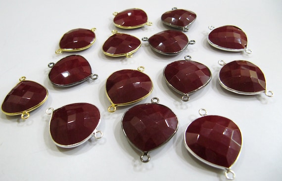 Red Coral Quartz Heart Shape 20mm Briolette Faceted  Double Loop Bezel Connector Wholesale Price Choose the plating color