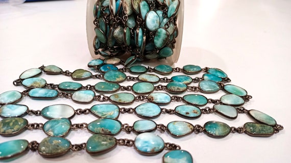 Natural Larimar Free Shape Plain Smooth Uneven Shape 15 to 25mm Bezel connector chain Sold Per Foot