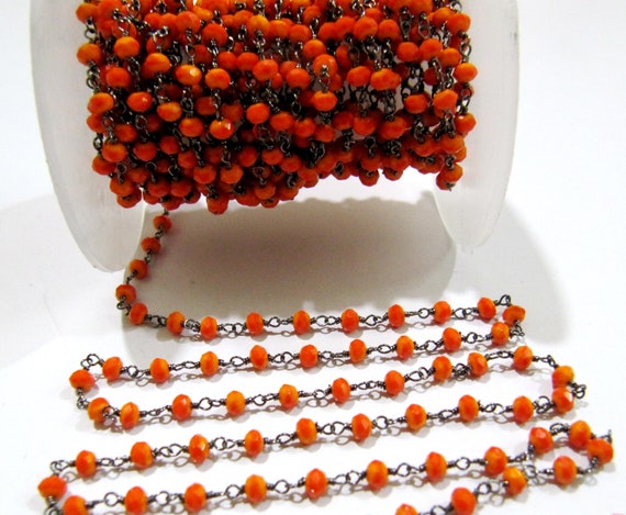 3 Feet- Orange Chalcedony Hydro Quartz Rosary Chain Rondelle Faceted 3-4mm beaded Wire Wrapped chain sold in Wholesale prices