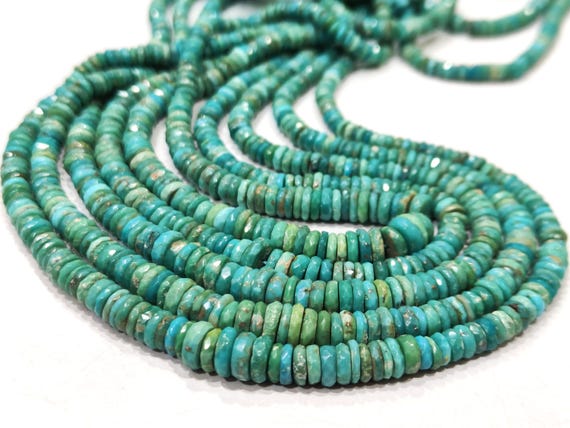 Natural Turquoise Arizona 3.5mm to 7mm Graduated size Tyre Rondelle Faceted Beads sold Per Strand 8 inches