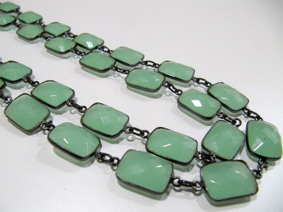 Natural Aqua Chalcedony Rectangle Shape Briolette Faceted Bezel Connector Chain 10x14mm Sold Per Foot High Quality Gemstone Handmade chain