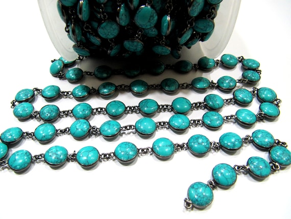 Turquoise Round Plain Smooth 10mm Coin Shape Bezel Connecter Gemstone Handmade Chain Sold Per Foot Oxidized Black Plated
