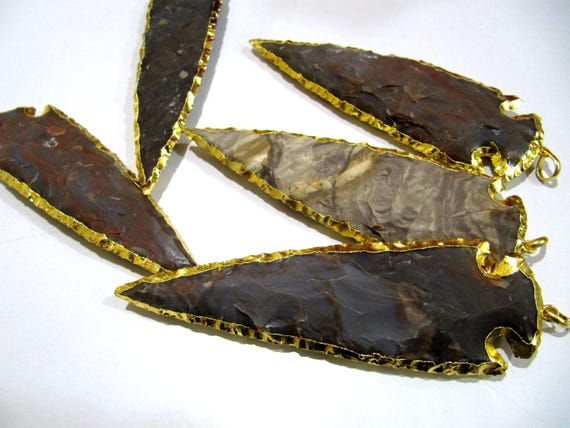 2 Piece Set Natural Jasper Gold Electroplated Edge Single Loop Arrowhead Connector Charms Pendant Size 4 to 5 Inches Long