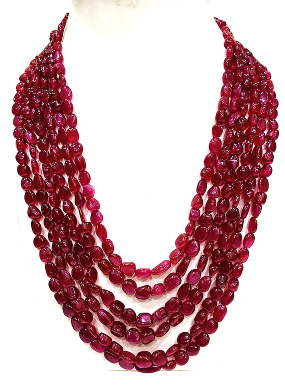 Natural Ruby Nugget shape Beaded Six Layered Necklace  24 Inches long Best Quality Blood Red Ruby Tumbled 8 to 13mm beads