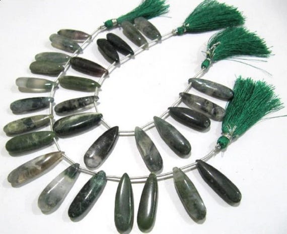 Natural Moss Green Jasper Pear Shape Plain Smooth Briolette beads 9x30mm To 10x35mm Graduated Jewelry Making Strand 8 Inches Long