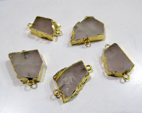 2 pieces- Natural Rose Quartz Slice Connector Free Form Double Loop 1 inch approximately Top Quality Electroplated Connectors charm