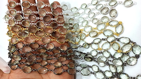 Natural Green amethyst Oval Shape Briolette Bezel Connecter Chain Sold Per Foot