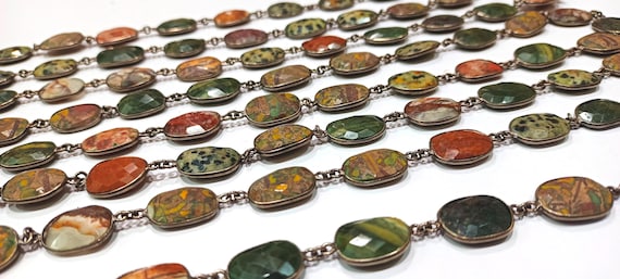 Natural Jasper Briolette Faceted Connector Bezel Chain Uneven Free Shape 12 to 15 mm  Sold Per Foot
