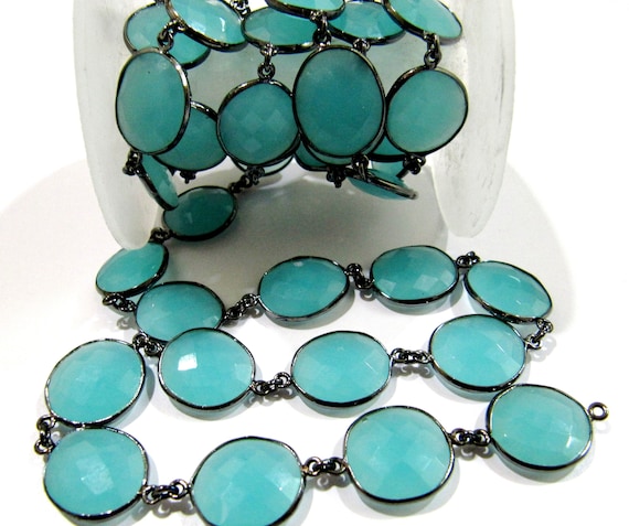 Aqua Chalcedony  Nugget Briolette Connector Chain Uneven Free Shape  12 to 15mm  Bezels Handmade chain Sold Per Foot High quality Beads
