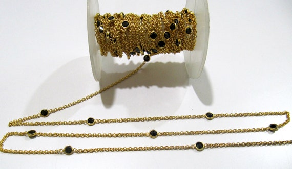 Natural Black Spinel Round 4mm Sterling Silver  bezel Connector Station Chain Sold Per Feet Top Quality Wholesale Price Jewelry Making Chain