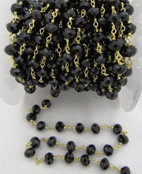 3 Ft- Black Spinel Beaded Rosary Chain Hydro Quartz Rondelle Faceted 6mm Black Onxy Beads Wire Wraped Aati Chain Wholesale Prices