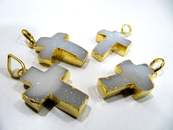 Hand Carved Natural Druzy Holy Cross Shape Pendant Charm 24Kt Gold Electroplated approx. 1inch long White Drusy charm Gemstone Connectors