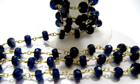 Blue Sapphire Rondelle Faceted  5 to 8mm Size Graduated Beaded Wire Wrapped Chain Jewelry making Chain Wholesale Prices Sold per foot