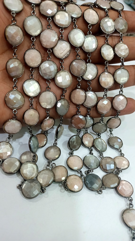 Natural Multi Moonstone Coin Shape Briolette Mystic Coated 12mm Bezel Connector Chain Sold Per Foot