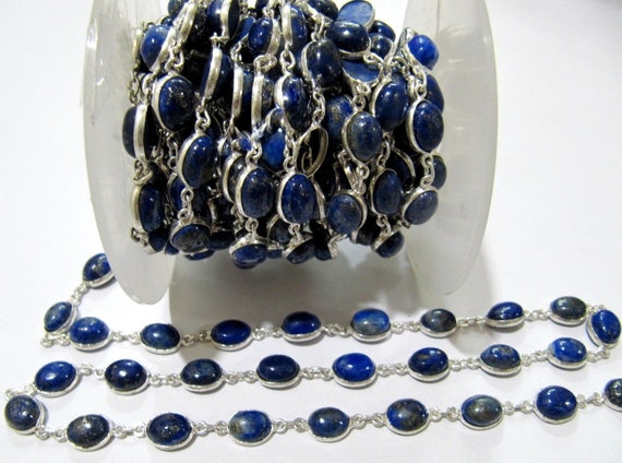 Natural Lapis Lazuli Oval Cabochon Connector Chain Lapis Plain Beads Connector Chain 7x9mm Silver Plated Gemstone Bezel Chain sold per Foot