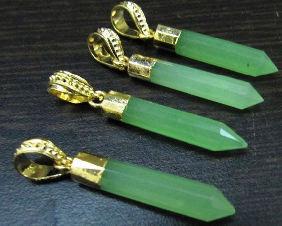 Green Chalcedony Pencil Shape Pointed Charms, 30 To 40mm Gold Electroplated Pendant, Faceted Fancy shape charm with Designer Loop per piece