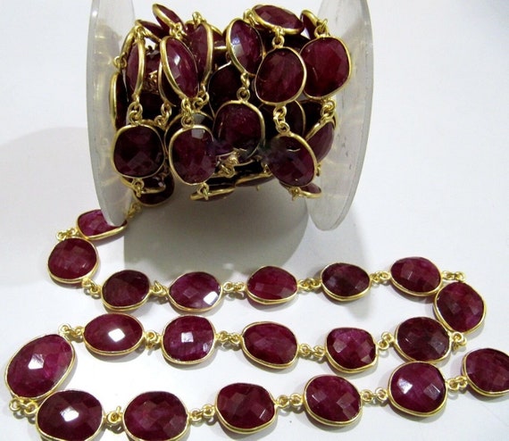 1 Foot- Ruby Uneven Shape Briolette Connector Chain / 12x15mm approx. Rose/Gold/Silver/Black Plated Gemstone Bezel Chain - Wholesale Price