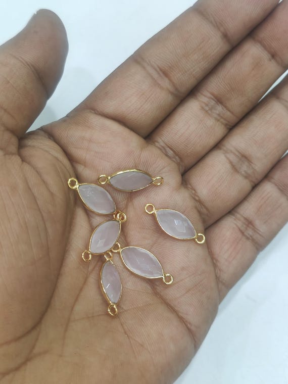 5 Pc Set-: Natural  Rose Quartz Marquise Shape Briolette 7x15mm Connector Double Loop Bezel Faceted Gemstone Connectors Wholesale Prices