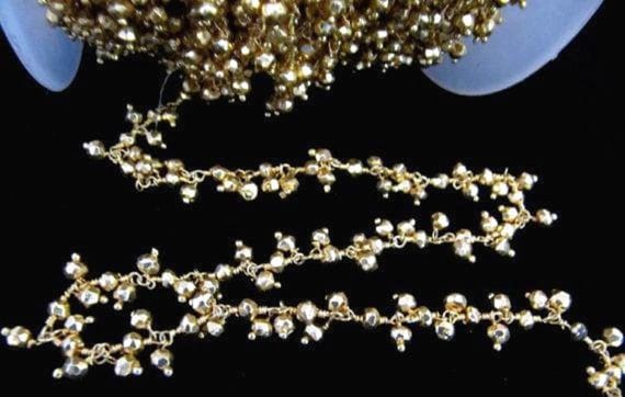 Natural Pyrite Golden Coated Rondelle Faceted 3-4mm Size Wire Wrapped  Cluster Dangling Beaded Chain Wholesale Prices Pyrite Sold per foot