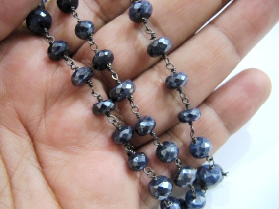 Natural Blue Sapphire Silverite Rondelle Faceted 7-8 mm Size Beaded Rosary Chain High Quality Jewelry Chain sold per foot