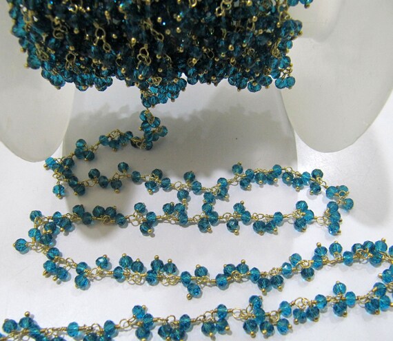 3-Feet London Blue Topaz Hydro Quartz Faceted Cluster Rosary Chain Size 3-4mm Wire Wrap Dangling Beaded Plated Wholesale Prices
