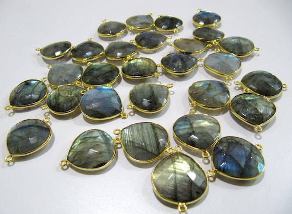 Natural Labradorite Heart Shape 20mm Briolette Connectors Gray Stone Double Loop Jewelry Making Bezel Connectors sold per piece