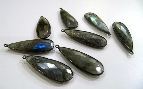 Natural Labradorite Long Pear Shape 10x28 to 12x30mm Briolette Connectors Gray Stone single  Loop Bezel Charms sold per piece