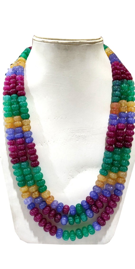 Multi Color Hand carved Watermelon Beads Three Layered Necklace  24 Inches long 3 Layered Beaded Necklace Jewellery