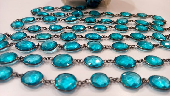 Sky Blue Topaz Quartz Free Shape 12 to 15 mm bezel connector Chain Sold Per Foot Black Oxidized Great Quality Chain