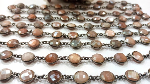 Natural Multi Moonstone Mystic Coated Coin Shape Briolette  12mm Bezel Connector Chain Sold Per Foot  Great Quality Black Plated Chain