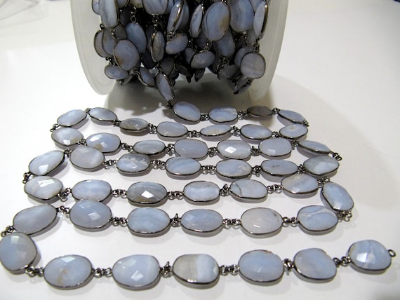 Natural Blue Lace Agate Uneven Shape Bezel Connector Chain 12 to 15mm Size Chain Gold/Silver/Black/Rose plated sold per foot