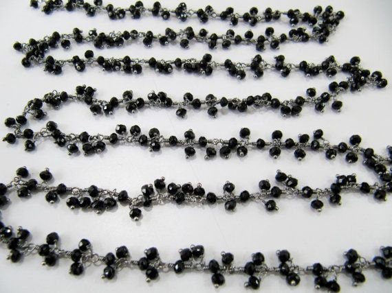 Black Spinel Rondelle Faceted Hydro Quartz  3-4mm Beads Chain Beaded Thick Cluster Dangling Chain  Sold per foot
