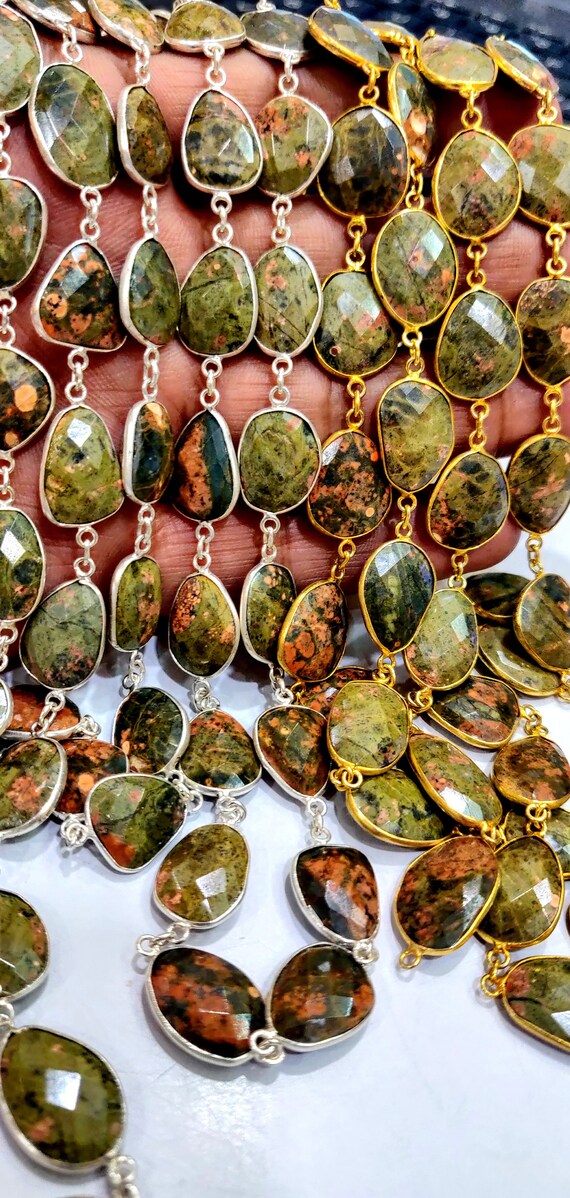 Natural Unakite Nugget Briolette Connector Chain Uneven Free Shape  15 to 17mm  Plated Sold Per Foot High Quality Beads Wholesale prices