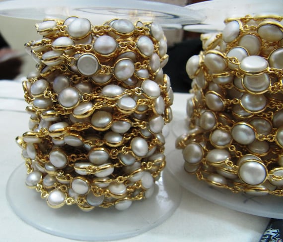 Natural Pearl Tiff Chain 6-7mm Pearl Coin Shape Bezel Connector handmade chain sold per foot