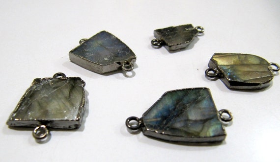 2Pc.- Natural Labradorite Slice Connector Free Form Double Loop 1 inch approximately Top Quality Edge Electroplated Connectors