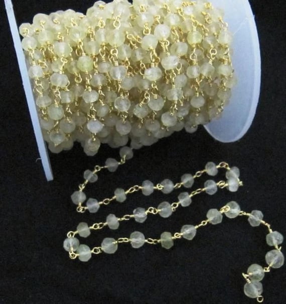 Natural Lemon Quartz Beaded Rosary Chain, Lemon Color  3 to 5mm Rondelle Faceted Rosary Bead Chain Wholesale Prices sold per foot