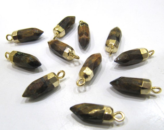 2 piece set Natural Tiger Eye Tiny Bullet Charm Pointer Pendant  Single Loop Connector Charm  Electroplated approximately 0.5 inch long