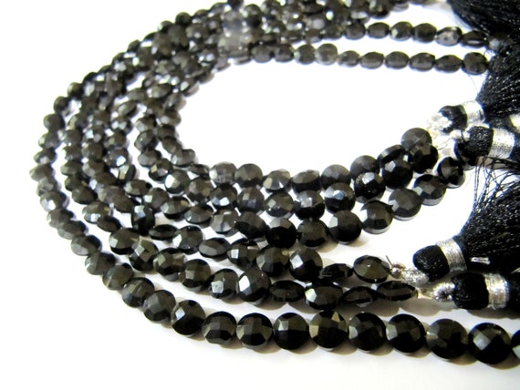 Natural Black Spinel  Round Coin shape Faceted Beads 4mm  Strand 8 inches Long Wholesale Prices Jewelry Making Gemstone Beads